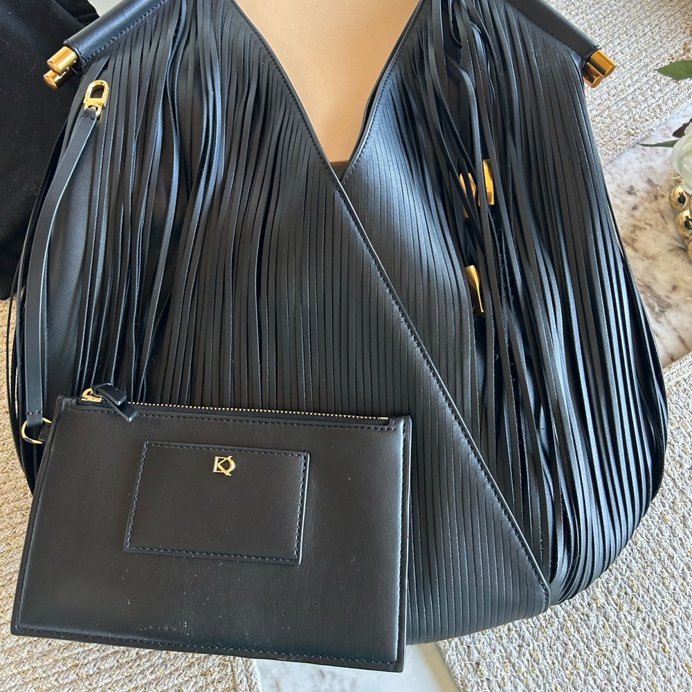 Fringe Hobo Bag with Detachable Pouch - Black